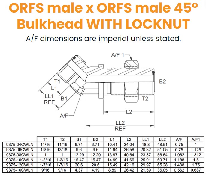 9/16 Orfs M/M 45° Bulkhead C/W Nut Hydraulic Adaptor